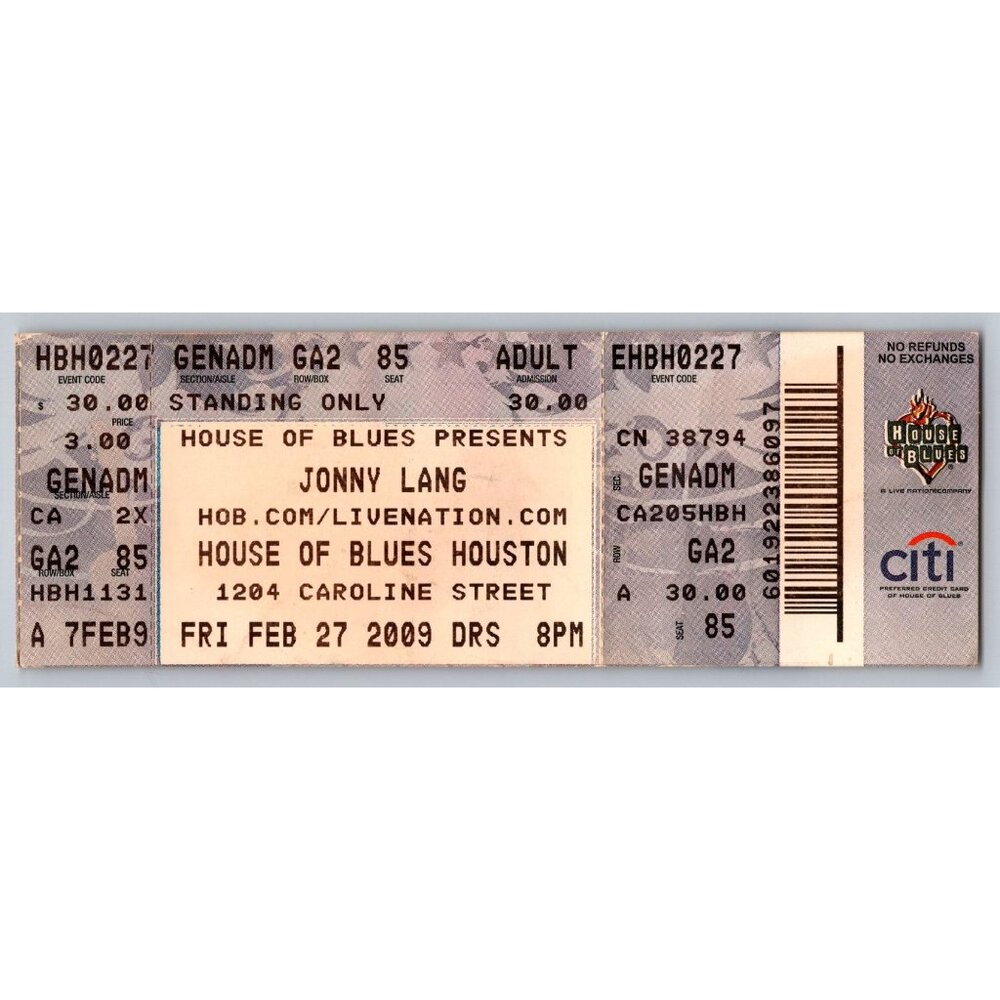Jonny Lang 2009 Concert Ticket House Of Blues Houston GA Standing Adult